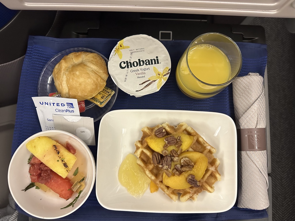 United Polaris lounge waffle catering