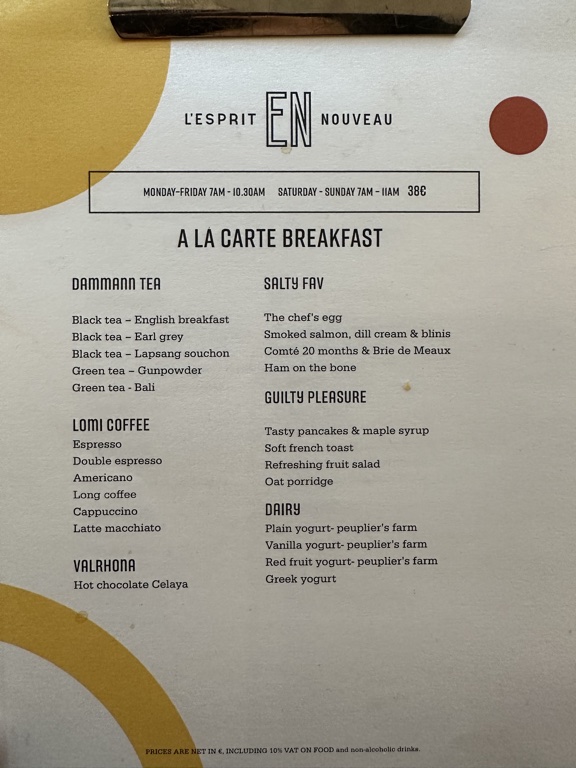 canopy by Hilton Paris Trocadero breakfast menu