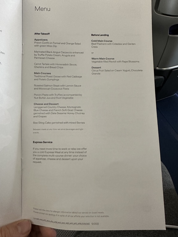 lufthansa business class munich miami menu 1