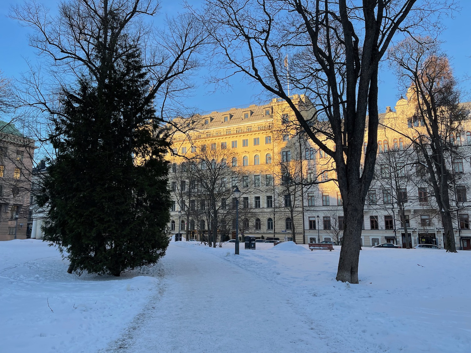 a snow covered path in front of a building