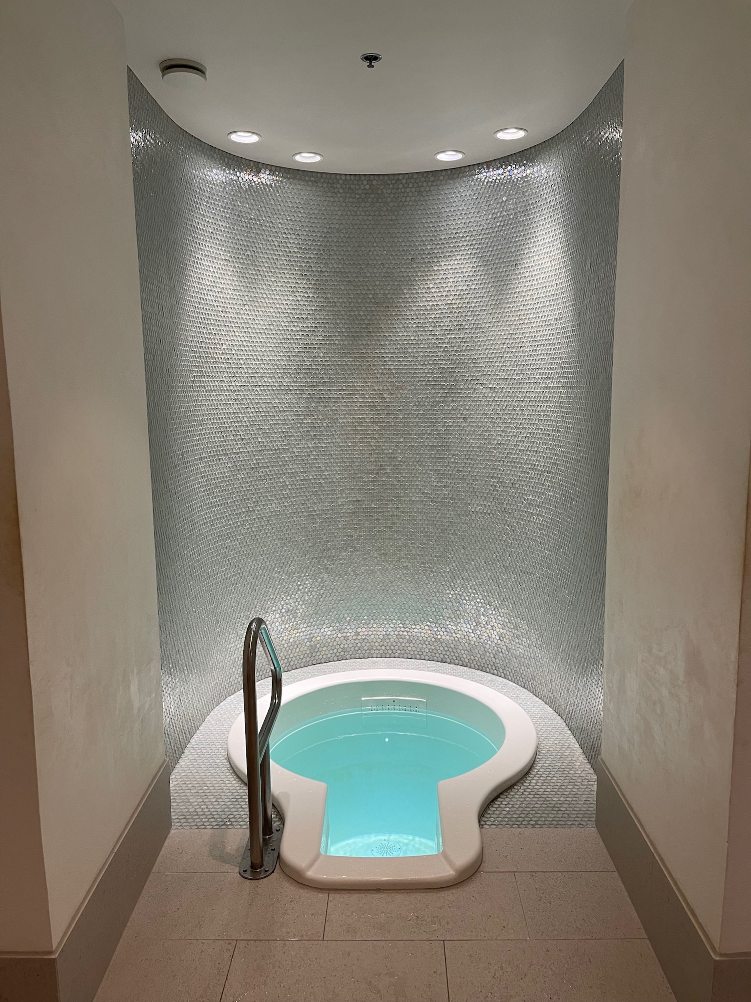 a small round bathtub with a silver tiled wall