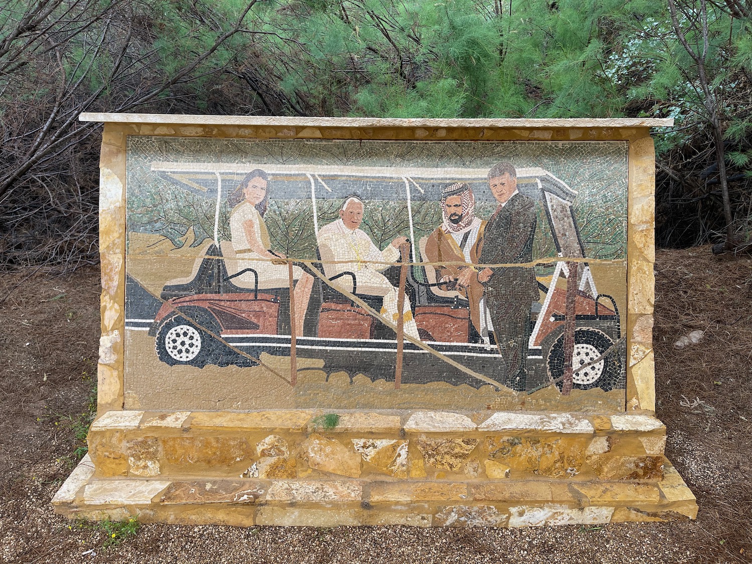 a mosaic of people on a golf cart