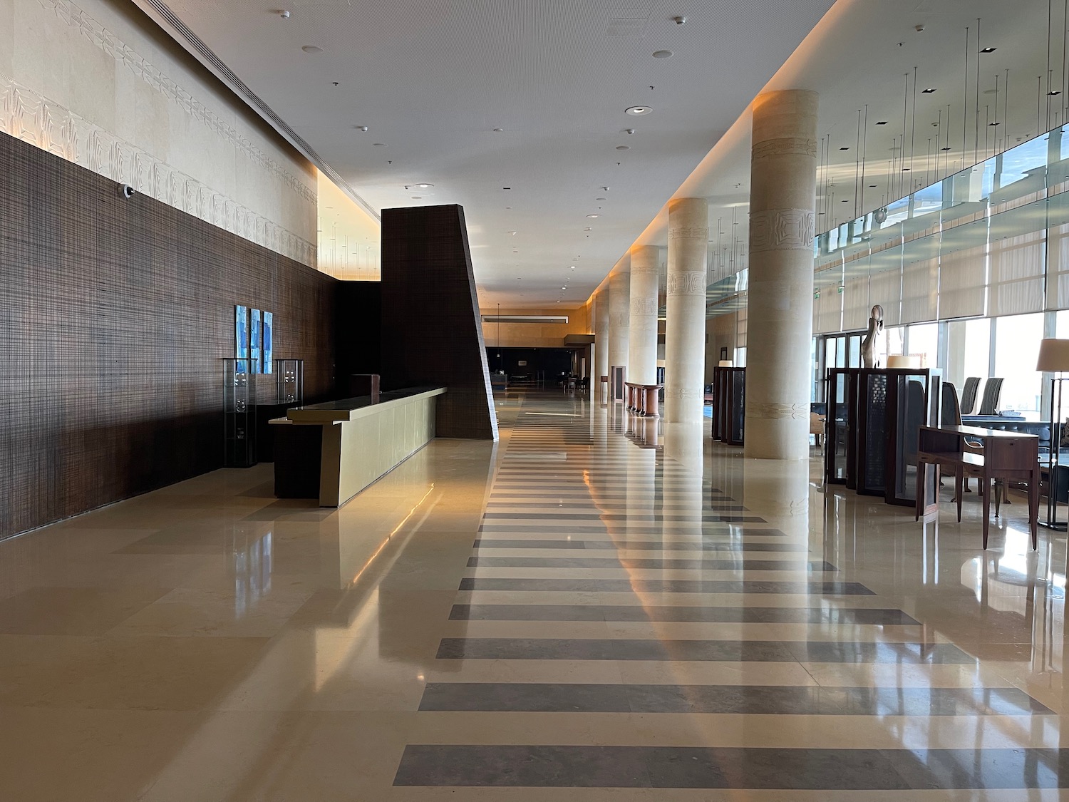 a lobby with a marble floor and a marble floor