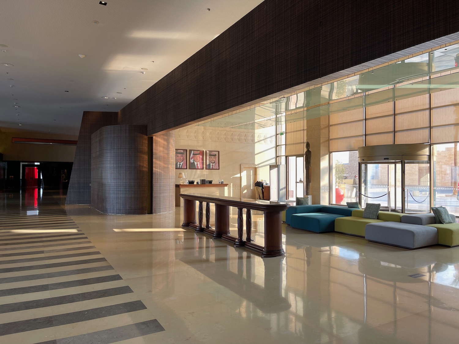 a lobby with a large window