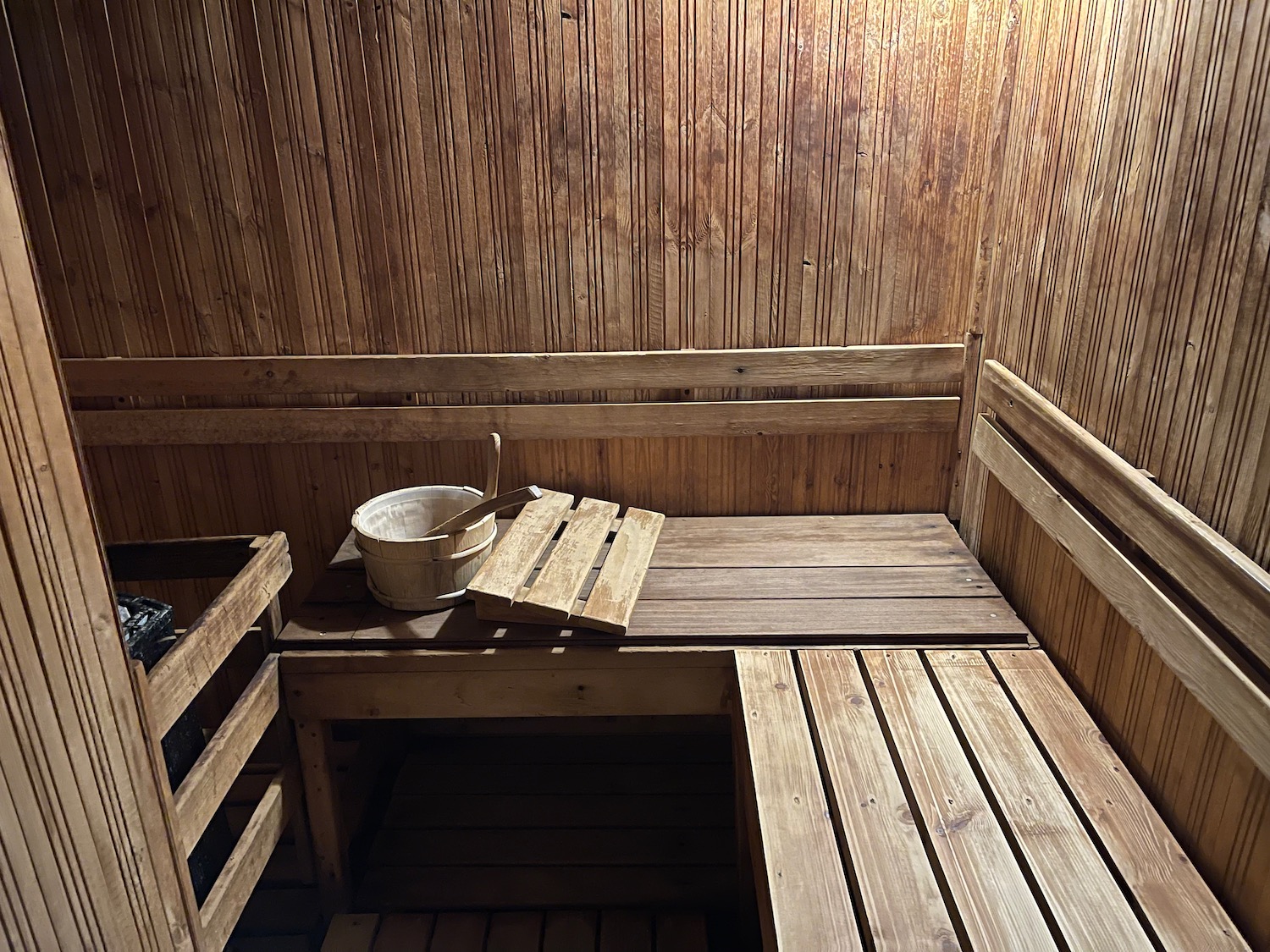 a wooden bench in a wooden room
