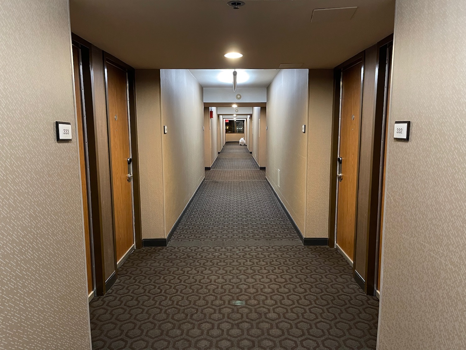 a hallway with doors and a light on the ceiling