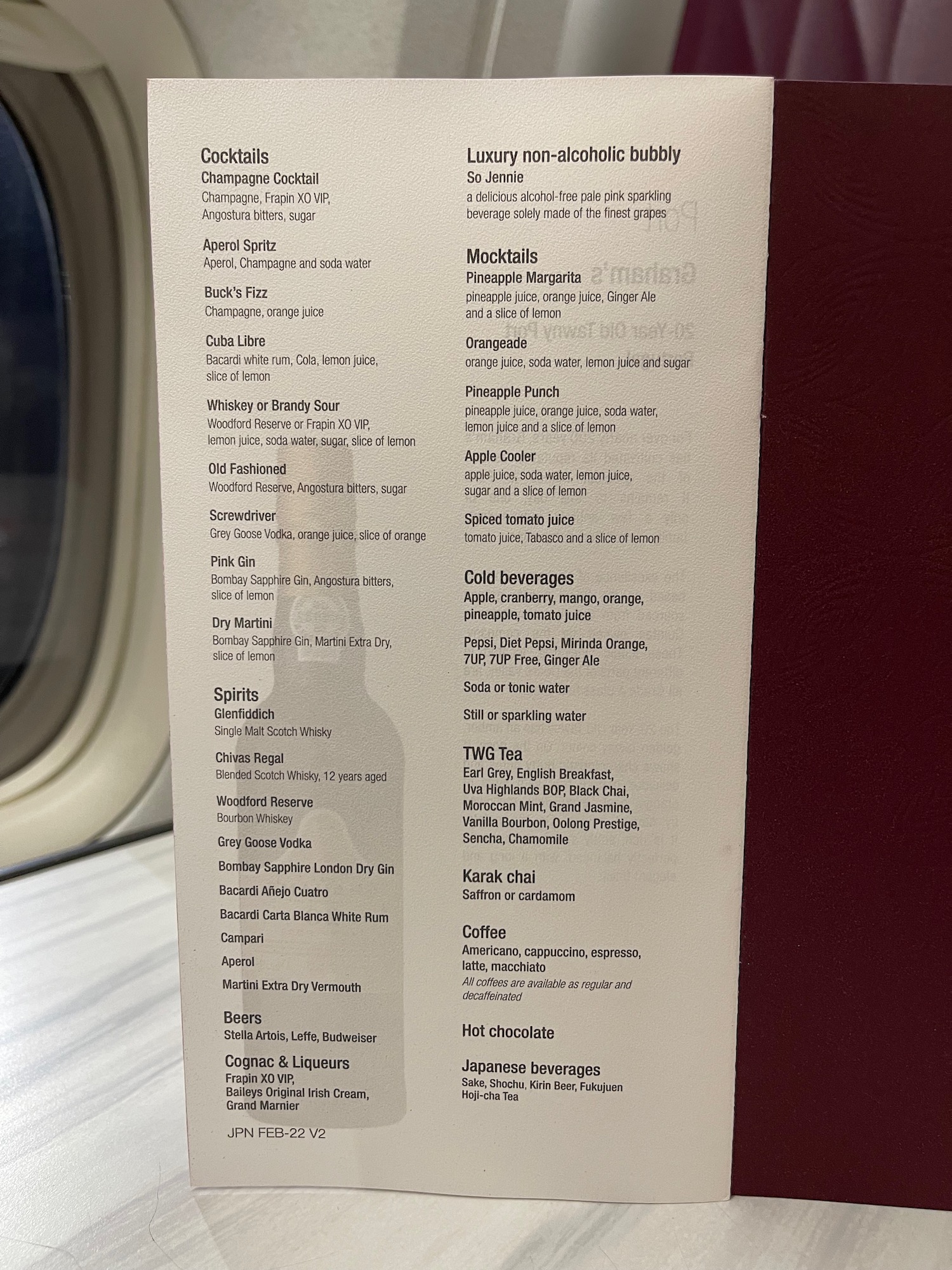 a menu on a plane