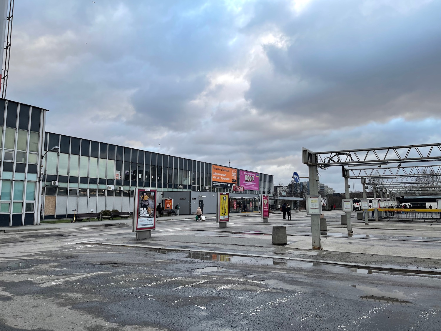 a building with a large building and a large building with signs