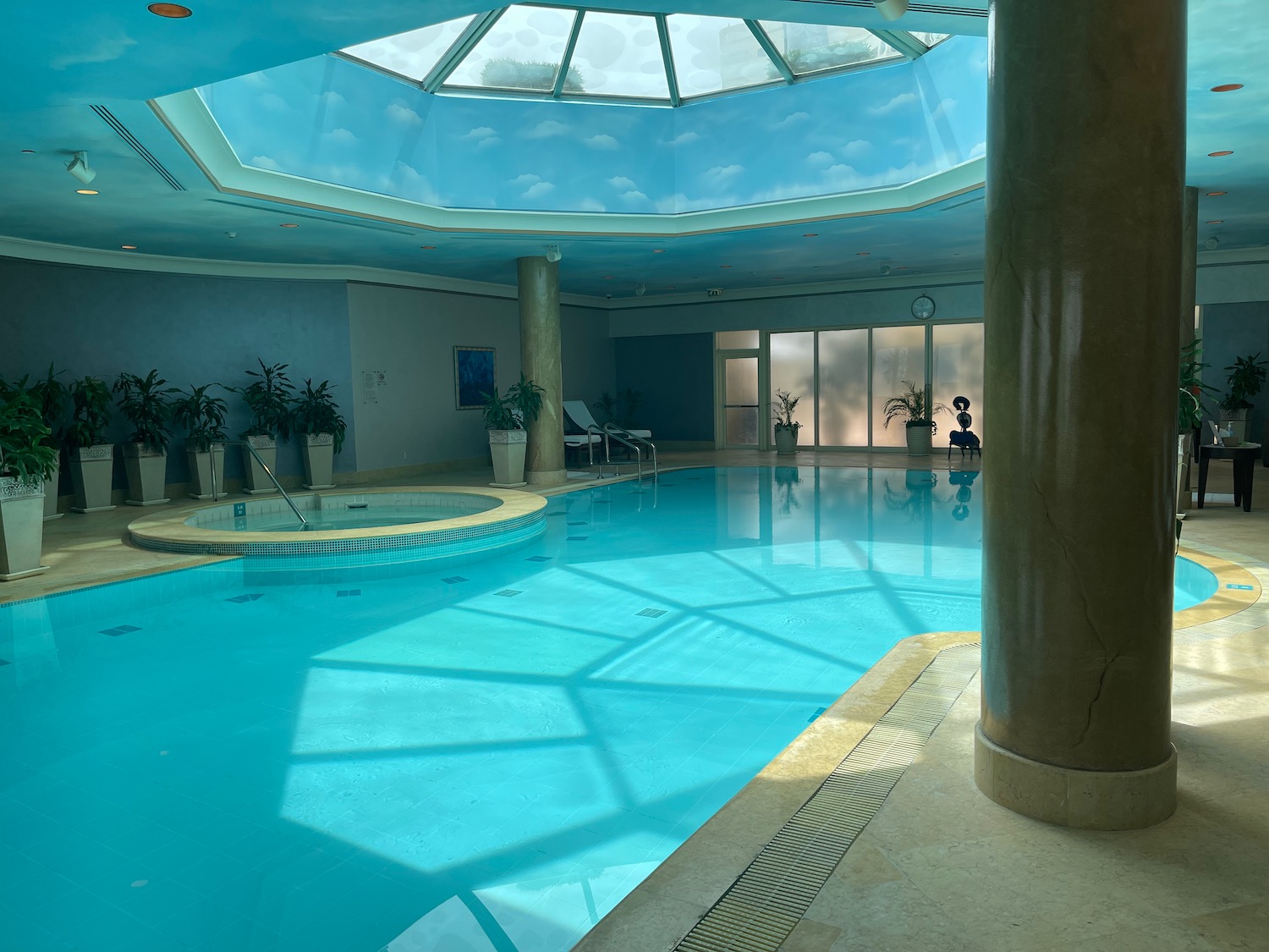 a swimming pool with a skylight