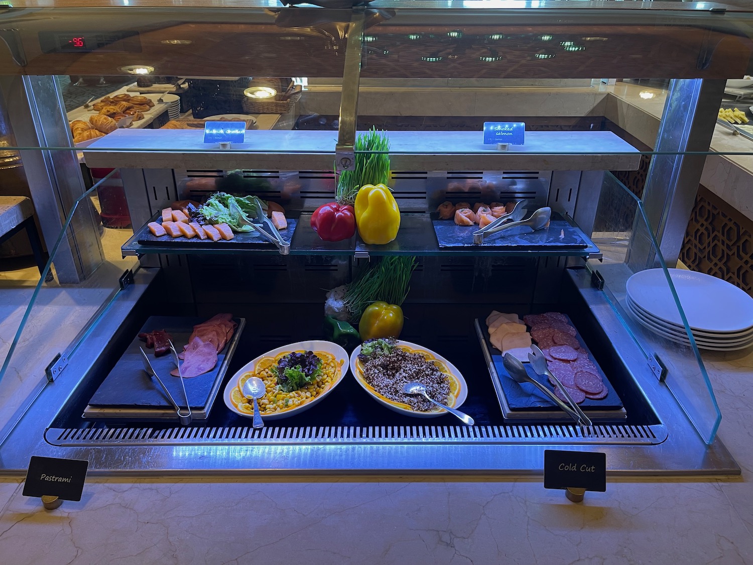 a buffet with food on the counter