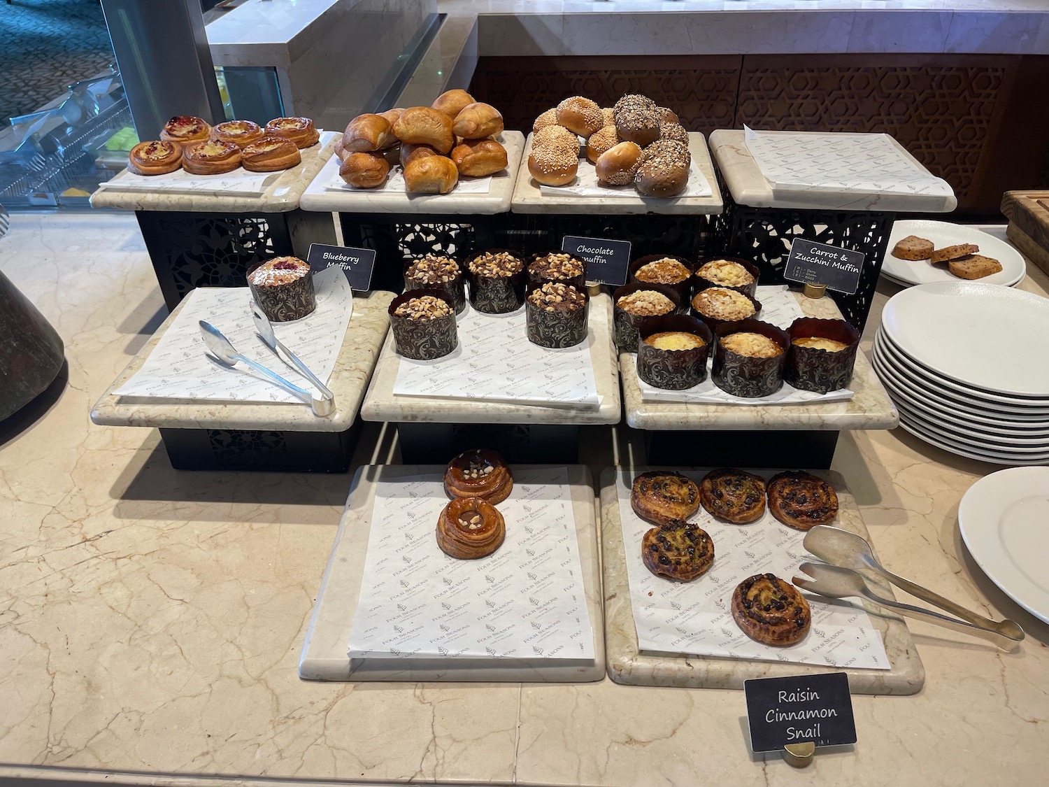 a display of pastries on a counter