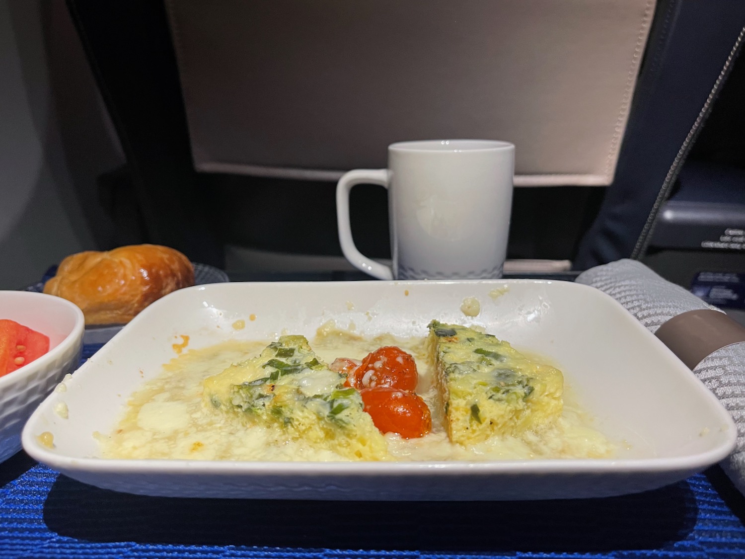 a plate of food and a mug on a table