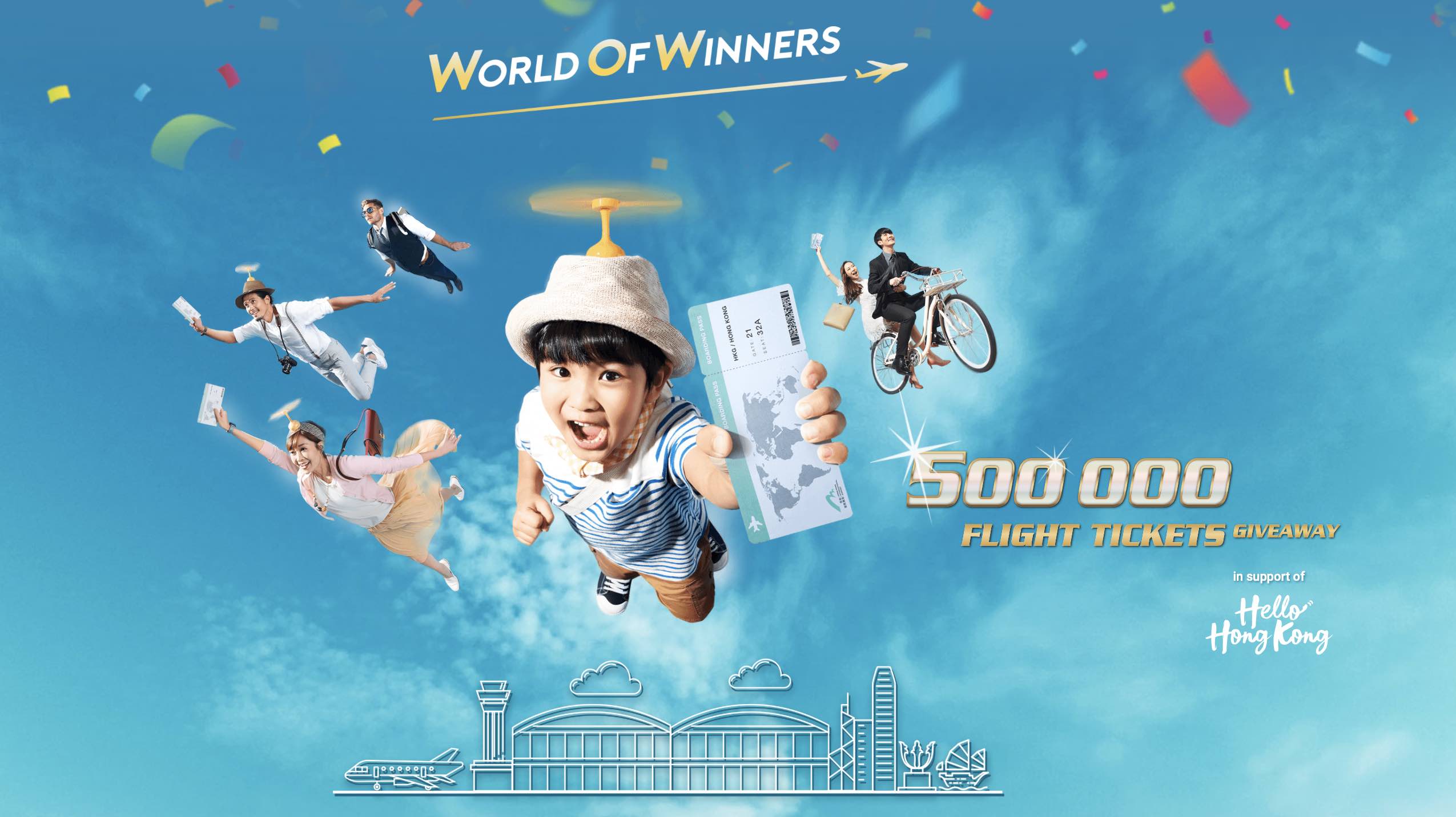 a boy flying in the air with a ticket and other people flying