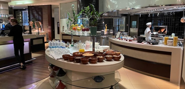 a restaurant with food on a table