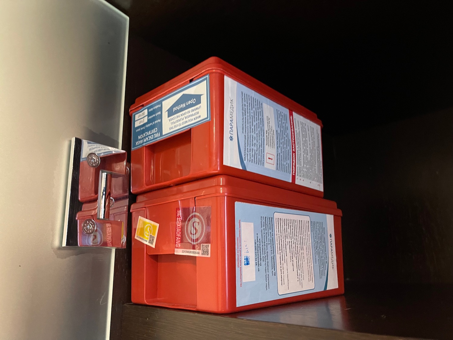 a red boxes on a shelf