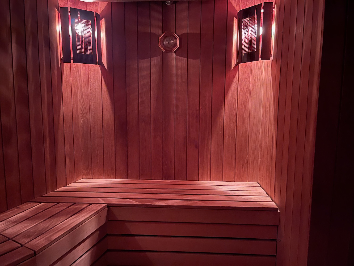 a wooden sauna with lights