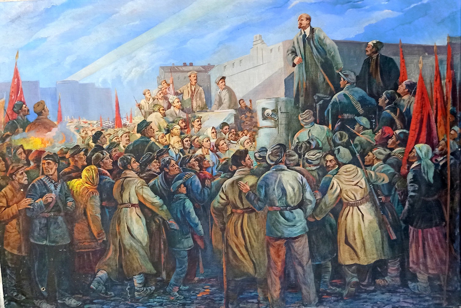 a painting of a man standing in front of a crowd of people