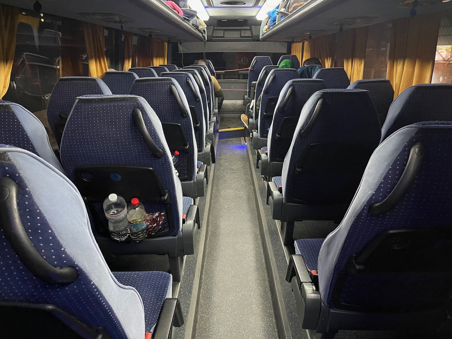 a bus with blue seats