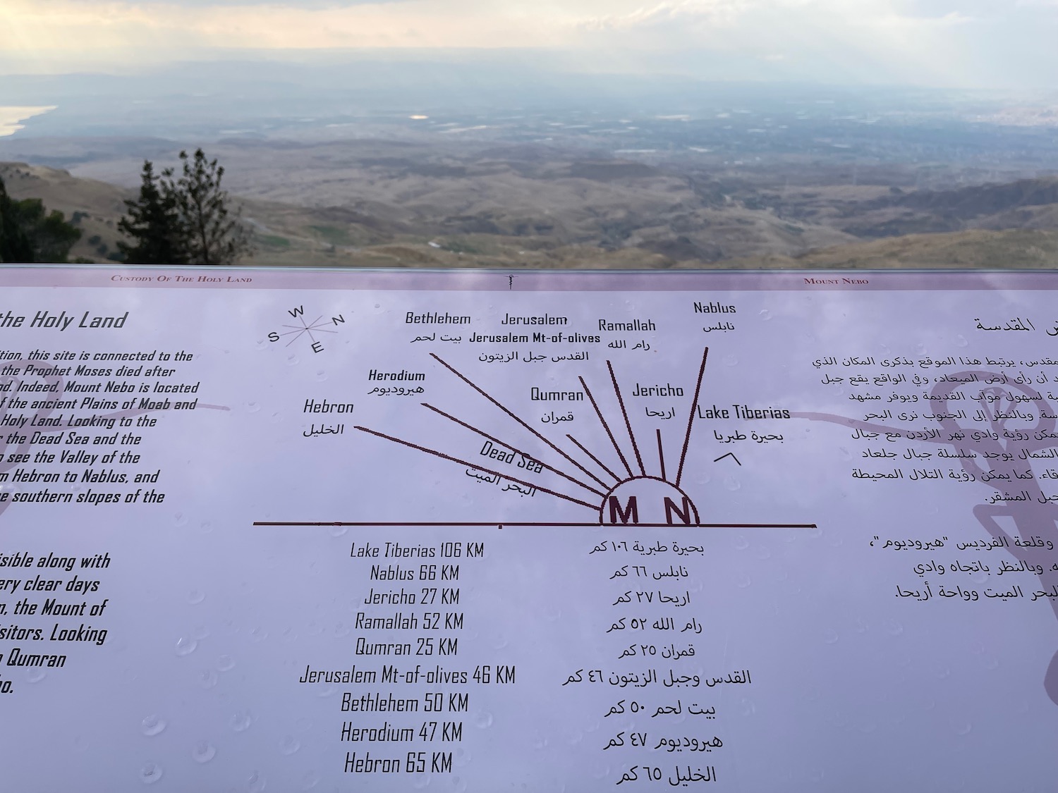 a sign with a view of the mountains