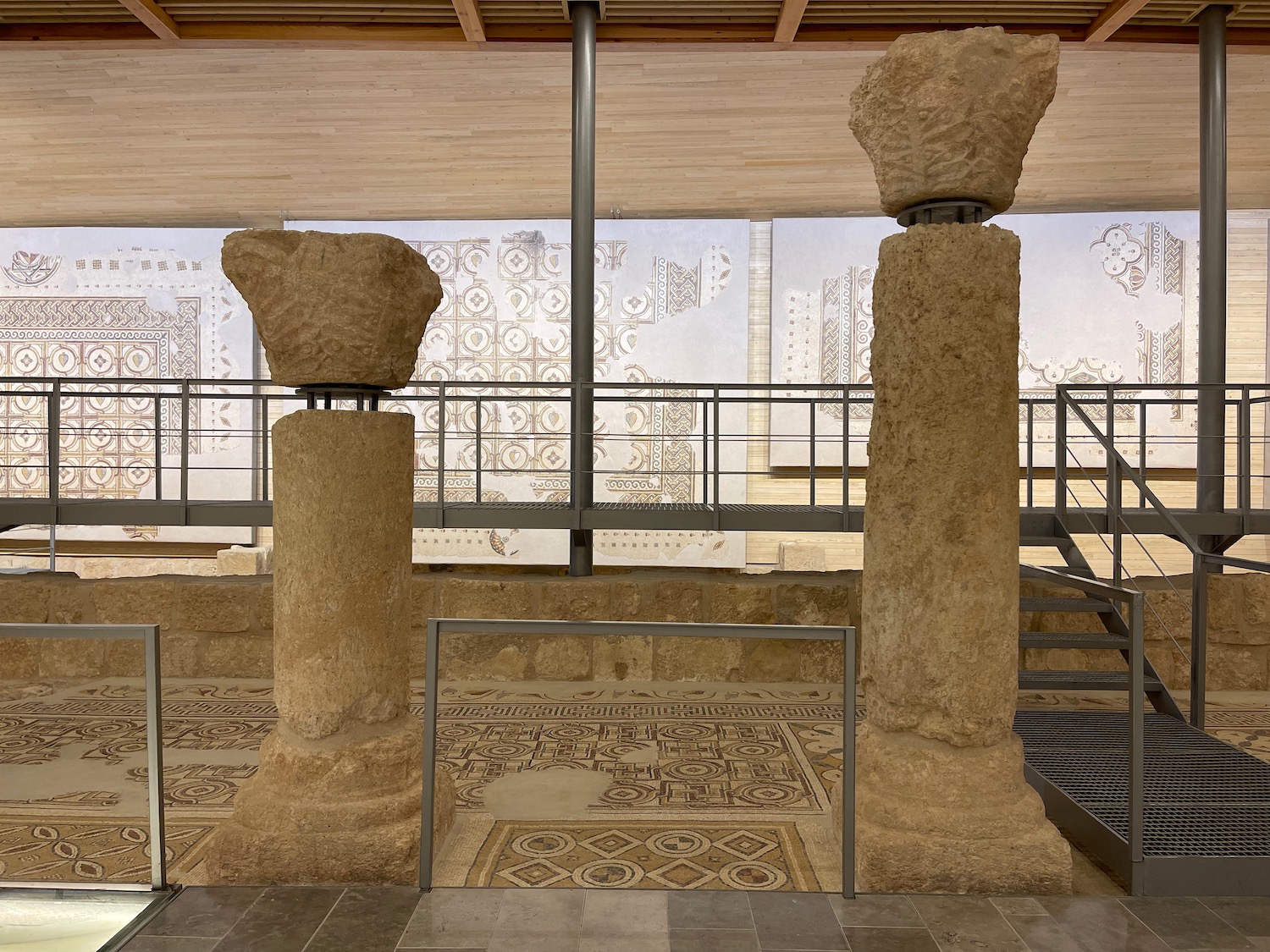 a stone pillars in a room