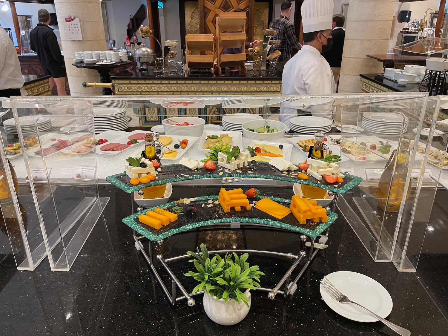 a buffet with food on it