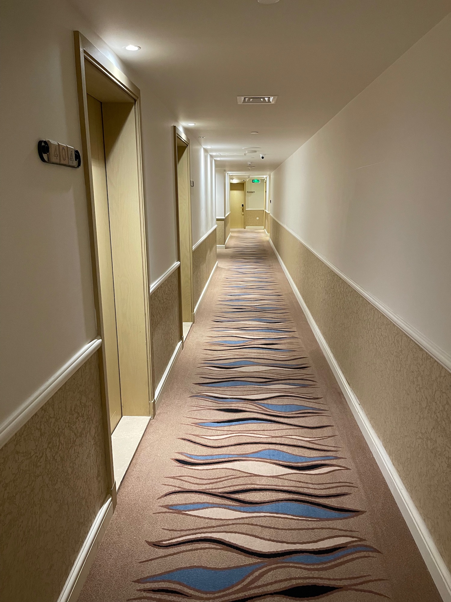 a long hallway with a carpeted floor