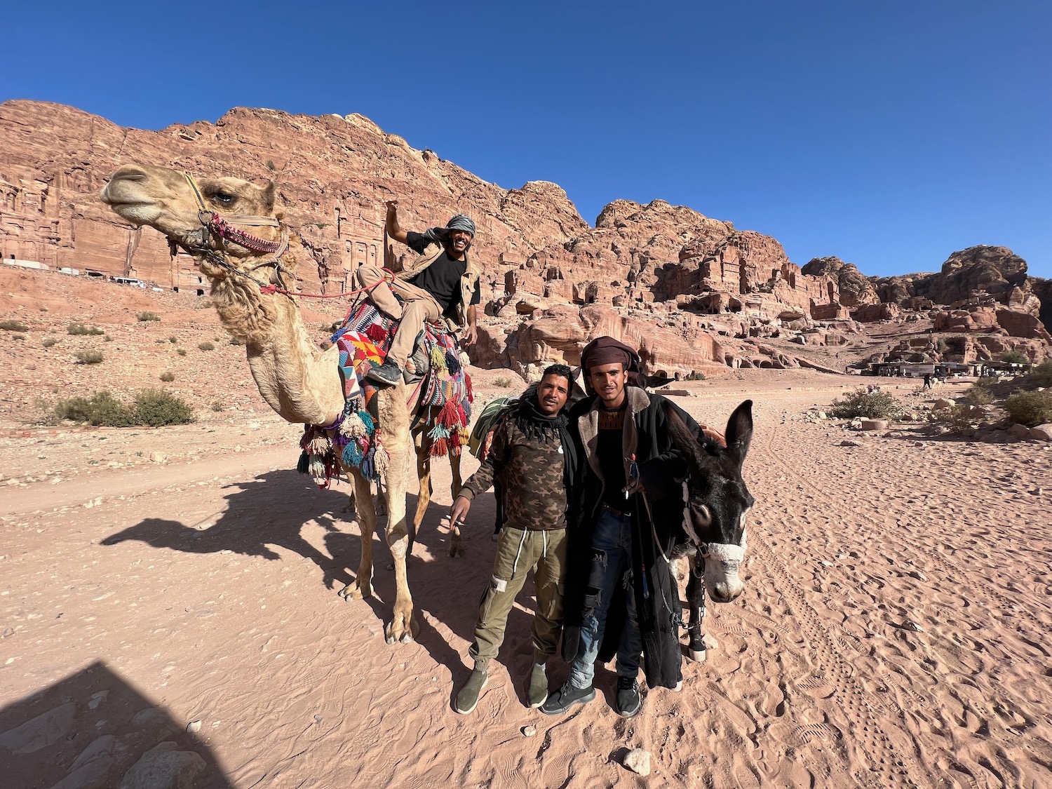 a group of men posing with a camel in the desert