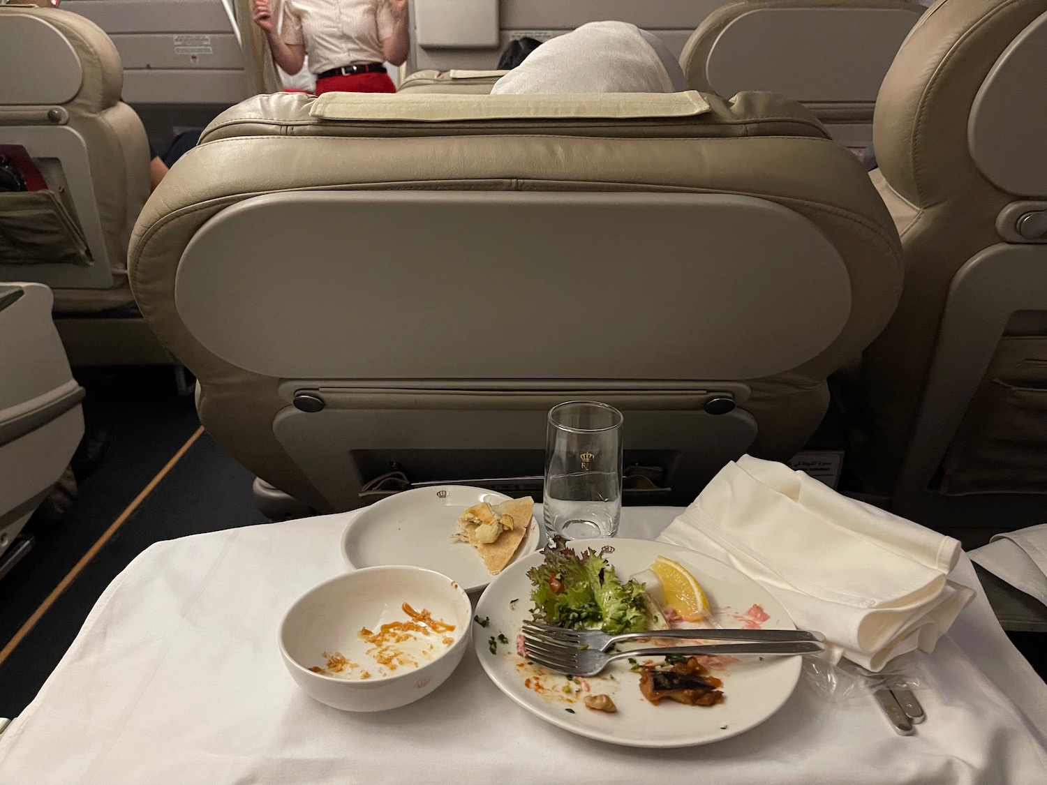 a plate of food on a table in an airplane