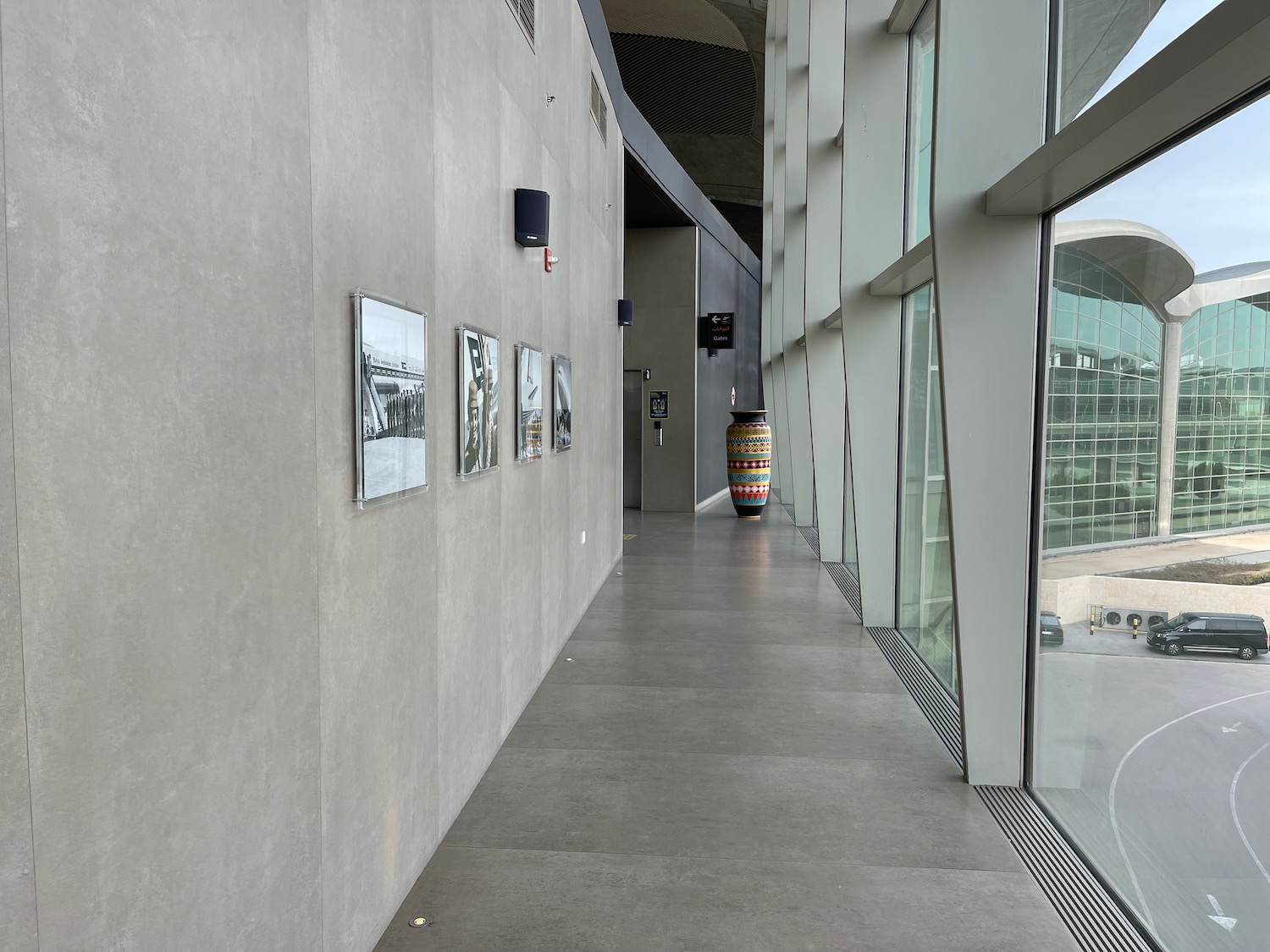 a hallway with a large window