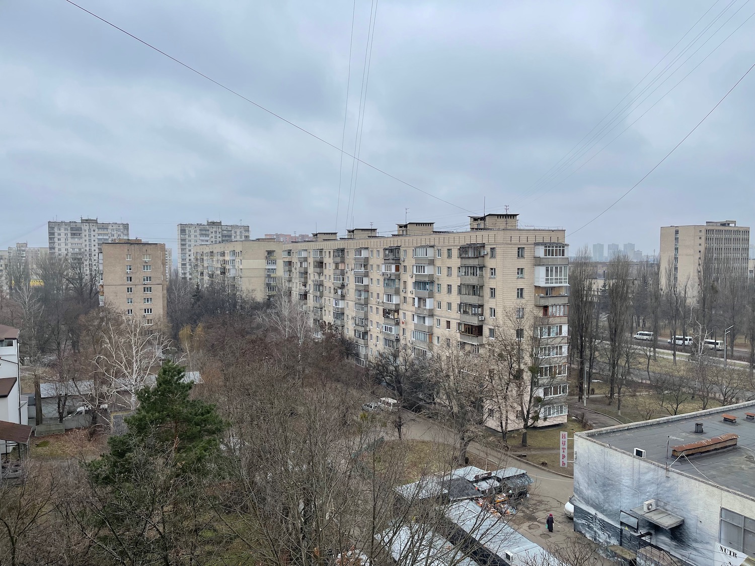 a tall building with trees and power lines