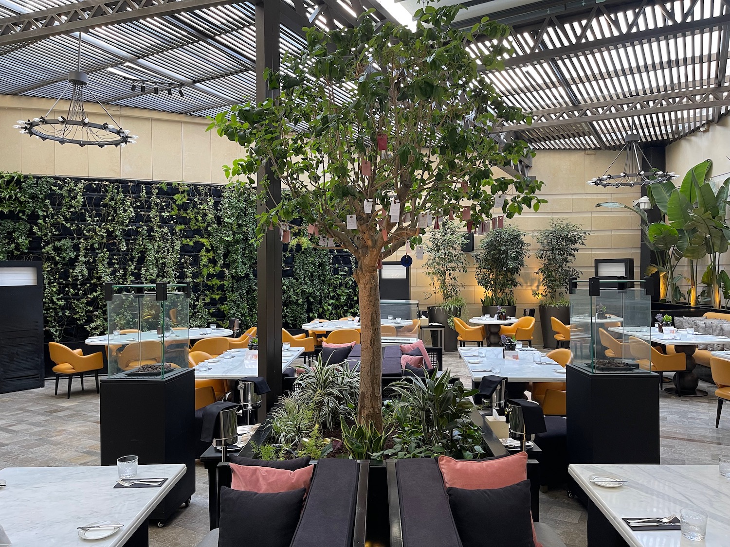 a tree in a room with tables and chairs