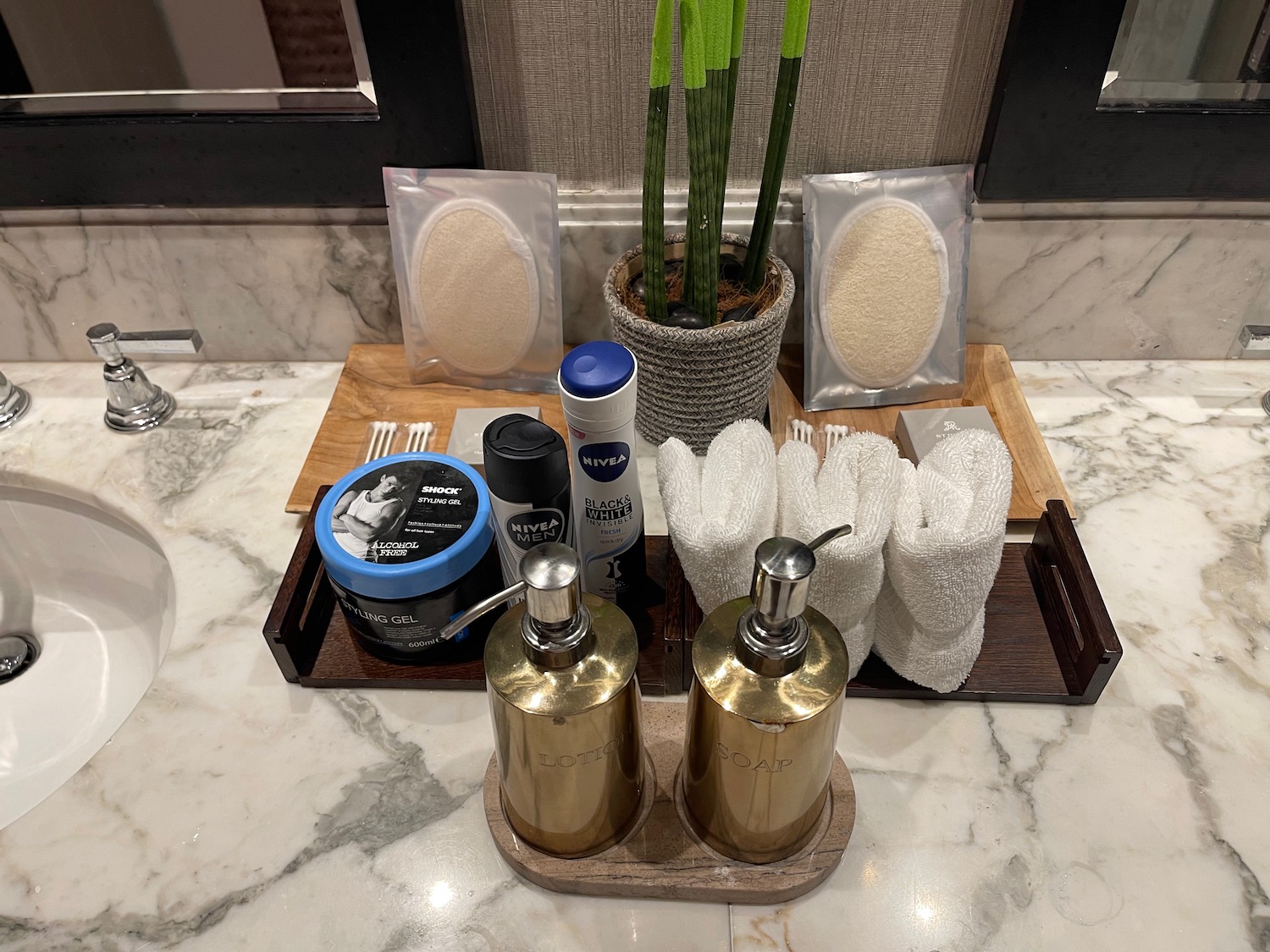 a bathroom items on a counter