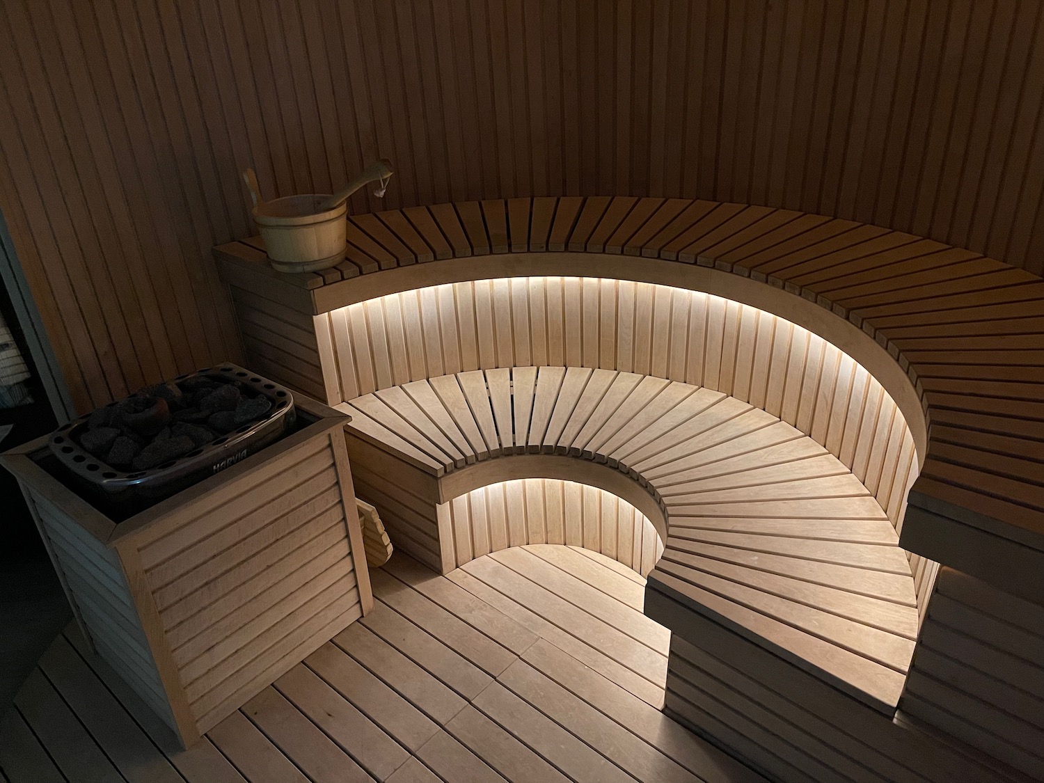 a wooden bench in a sauna