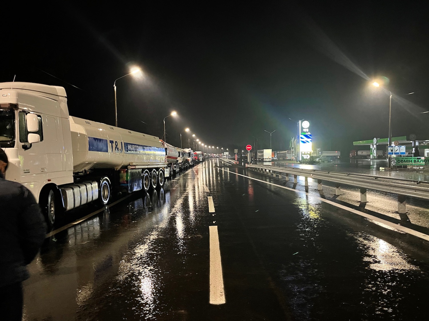 a truck on a wet road