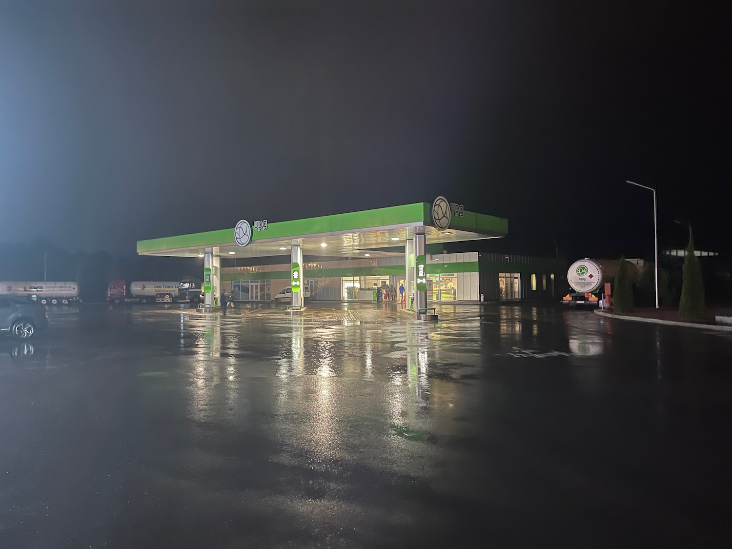 a gas station at night