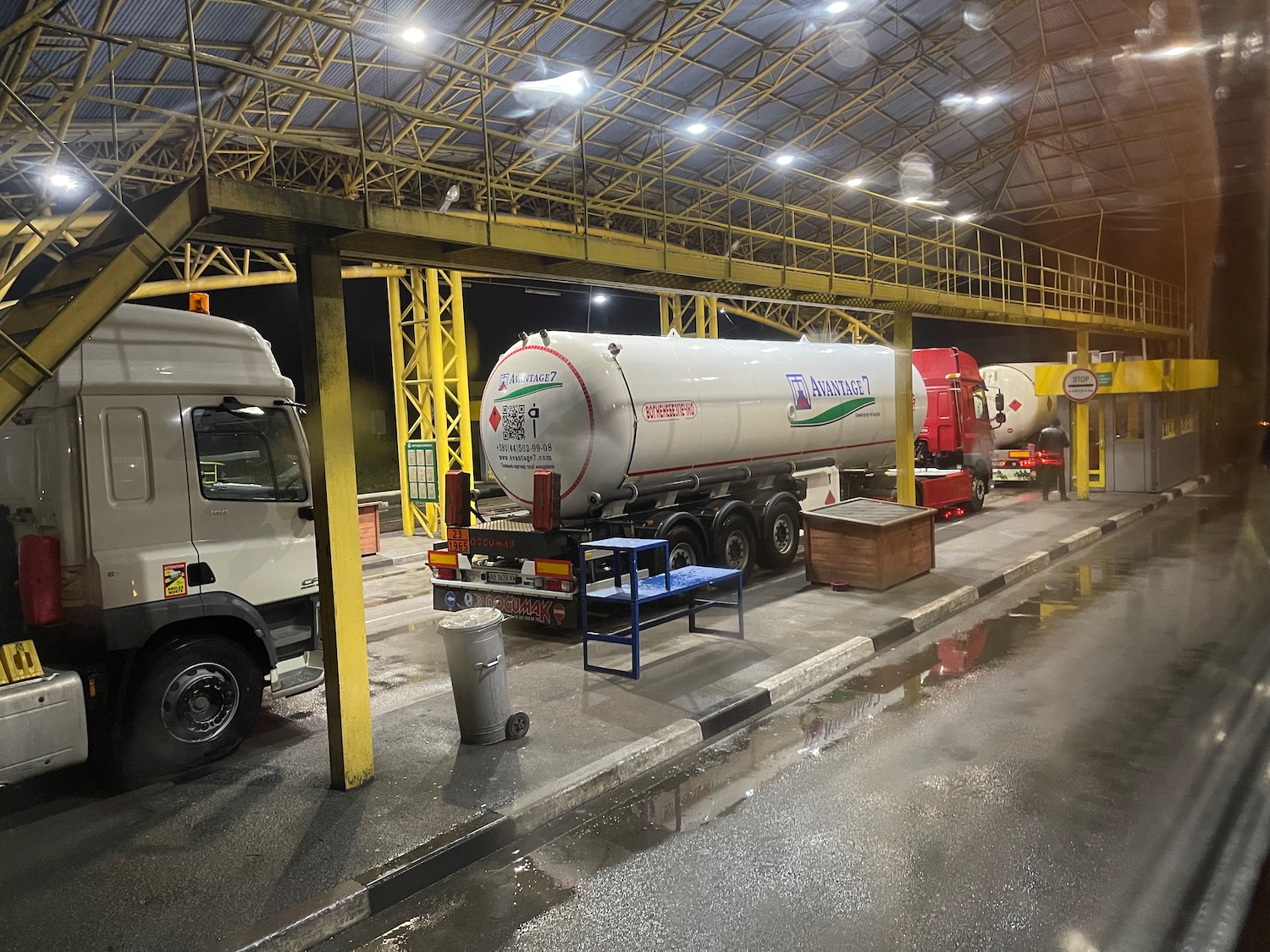 trucks parked in a warehouse