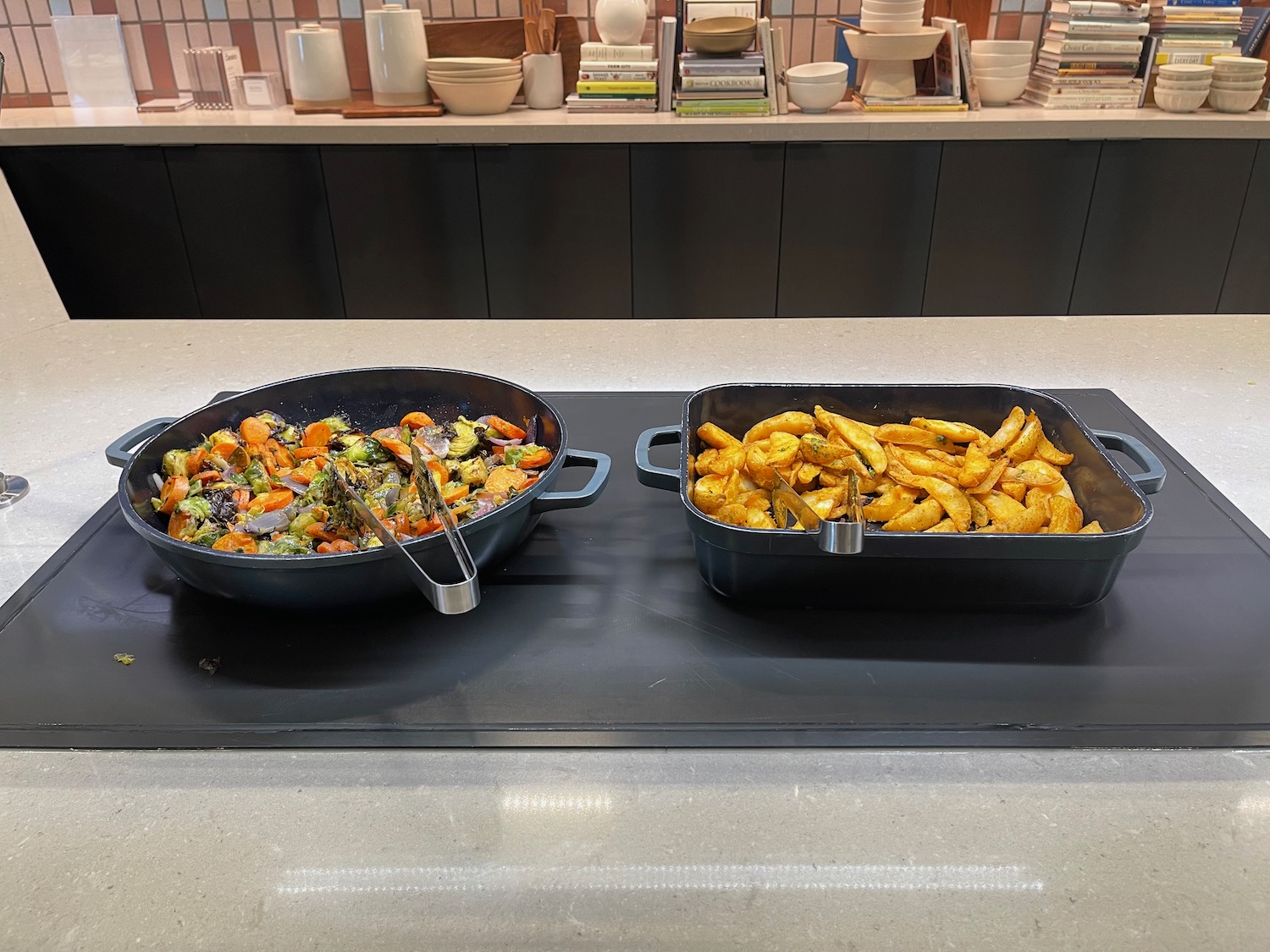 two pans of food on a counter