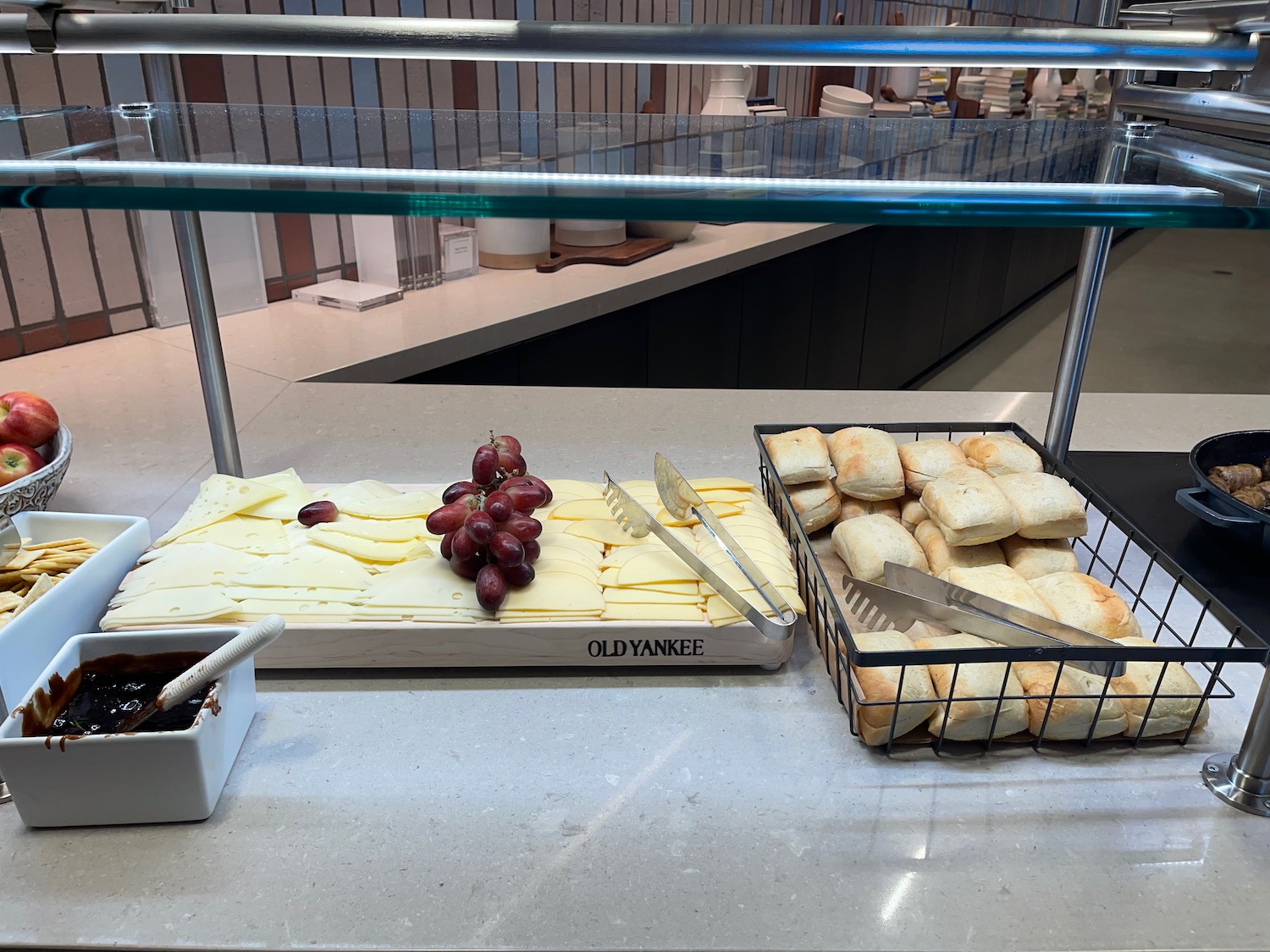 a tray of bread and cheese on a counter