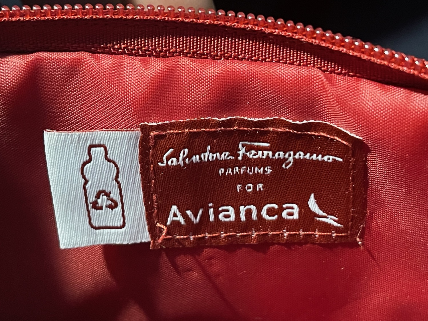 a label on a red bag