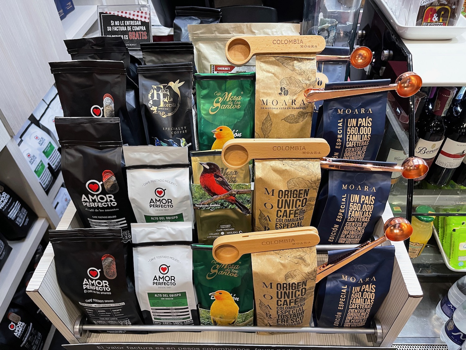 a display of coffee bags and spoons