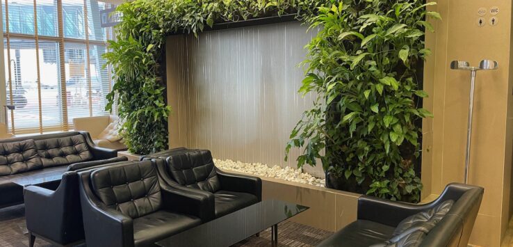 a room with a wall of plants and chairs