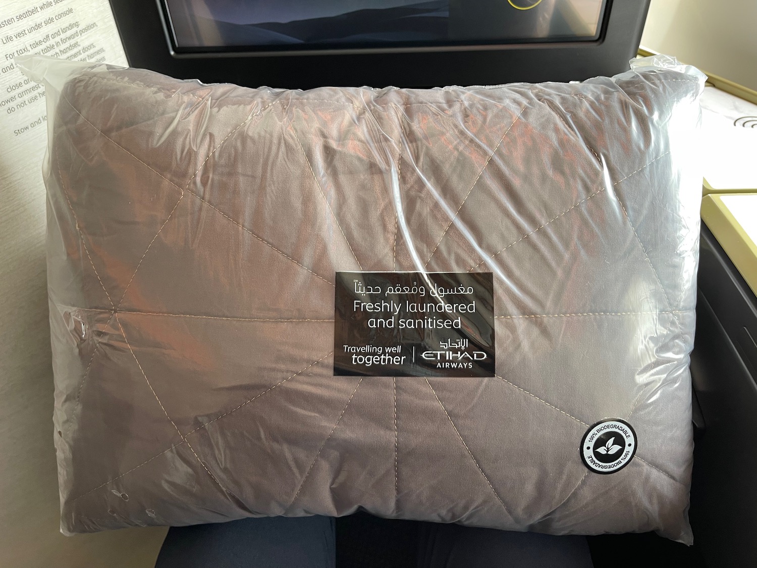 a pillow with a label on it