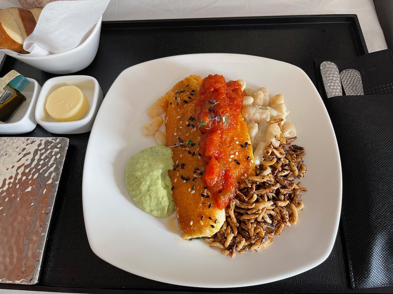 a plate of food on a tray