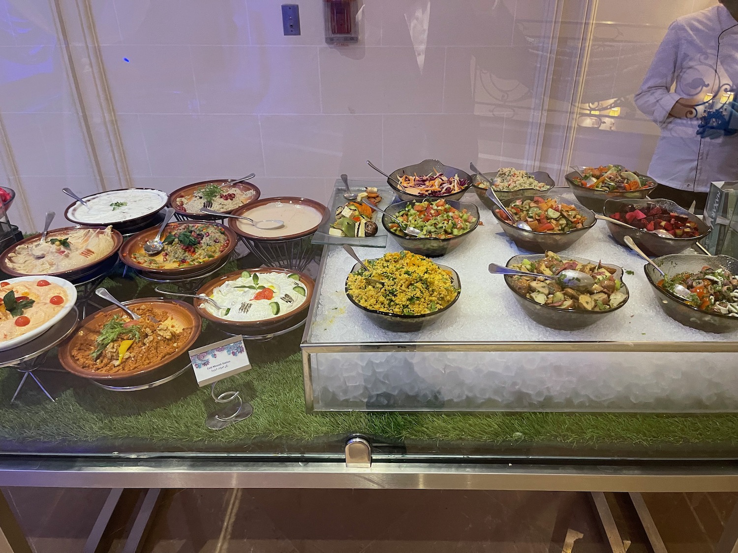 a display of food on a glass table