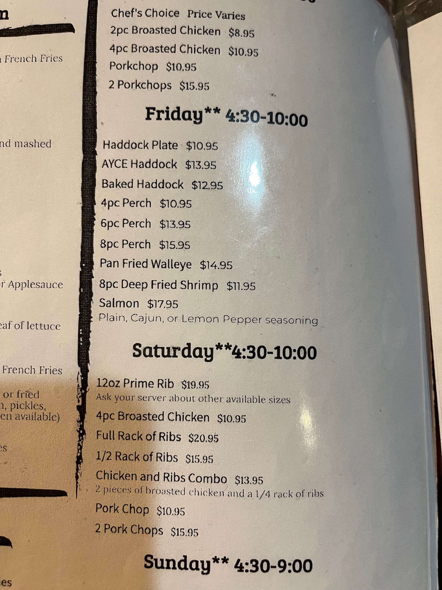 a menu with black text and numbers