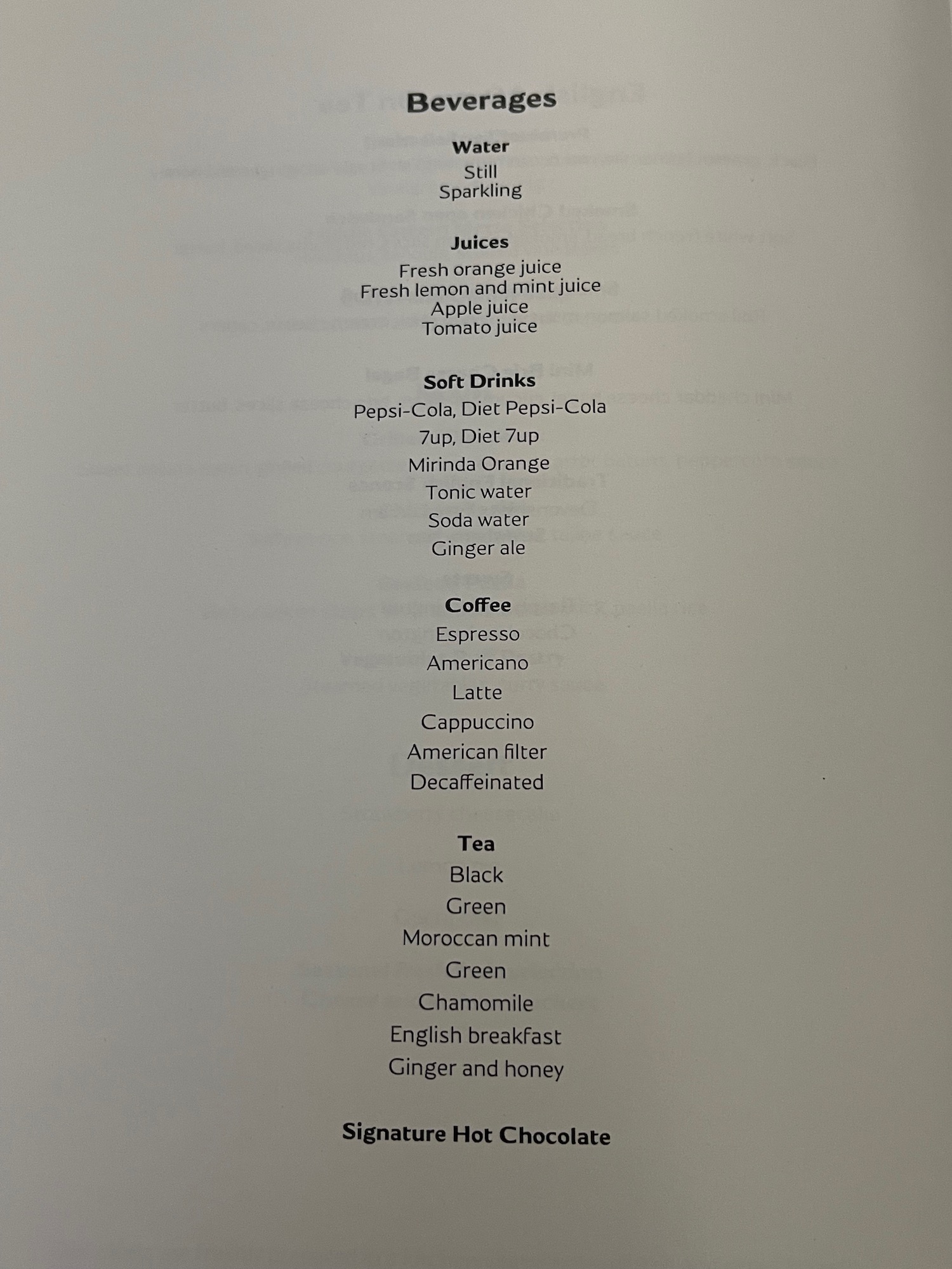 a menu with black text