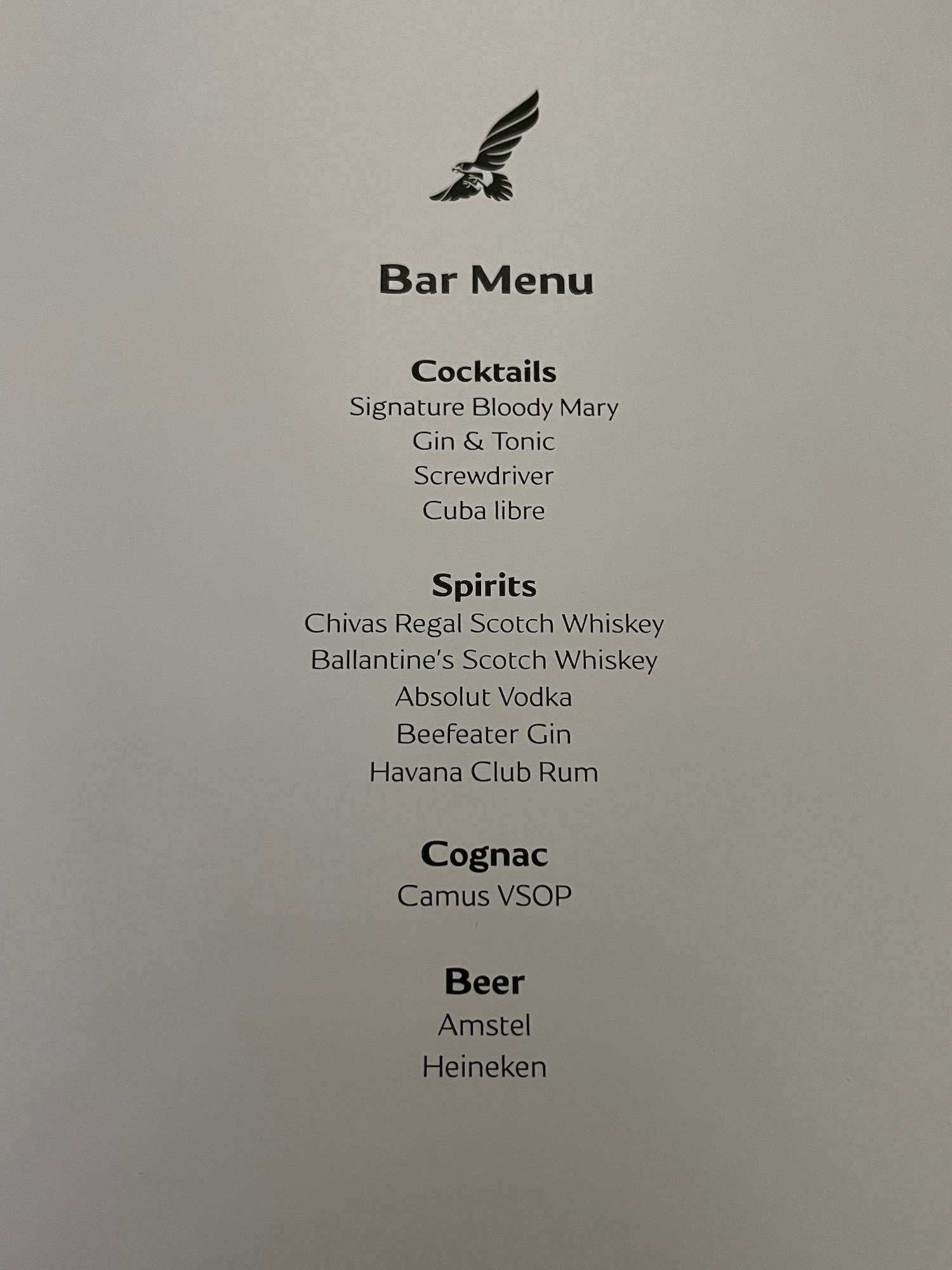 a menu with black text