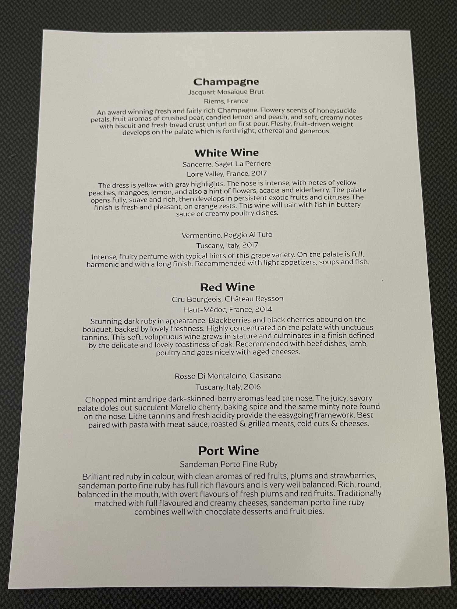 a menu of wine and port wine