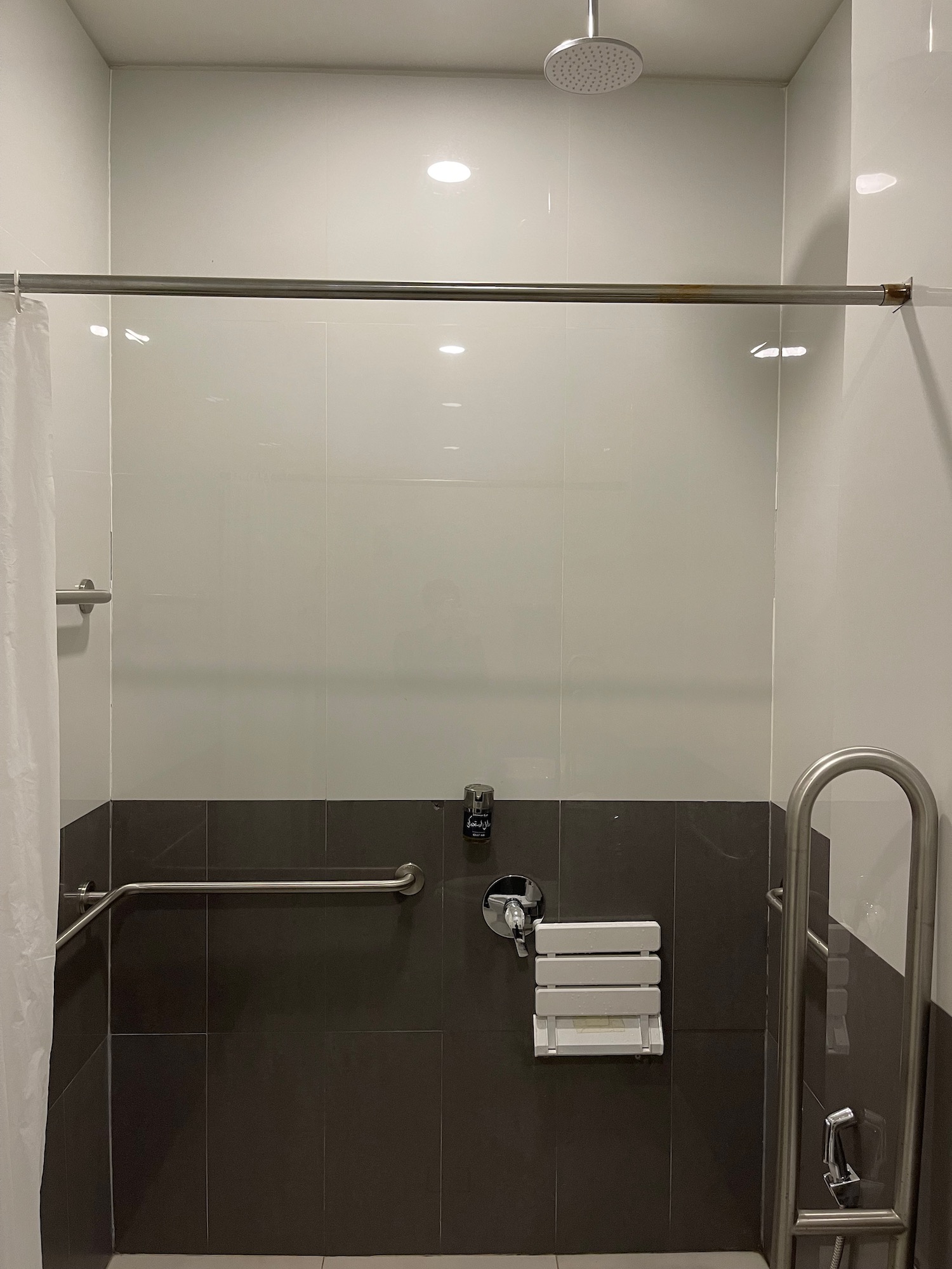 a shower with a handrail and a metal bar
