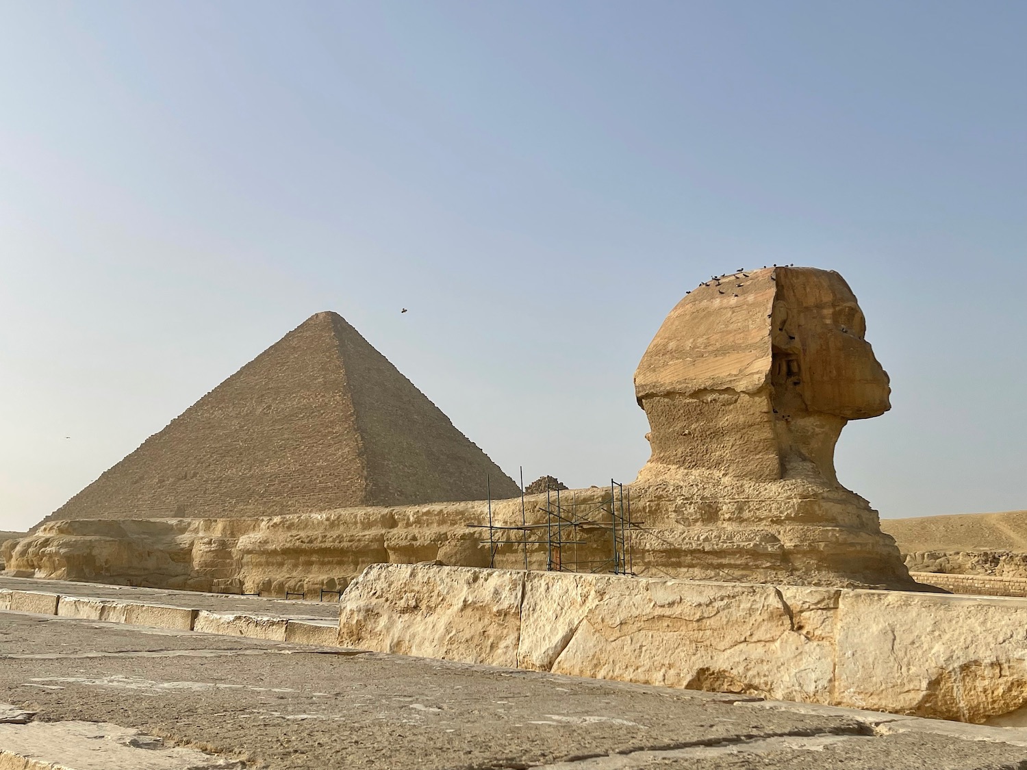 a large stone structure with a sphinx head and a pyramid